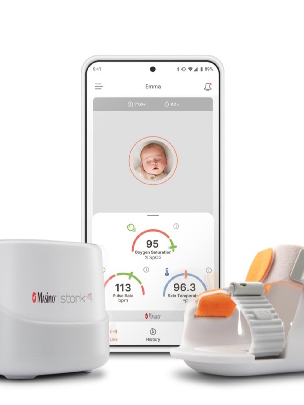 Massimo Stork Baby Wearable Health Monitor in White and Orange